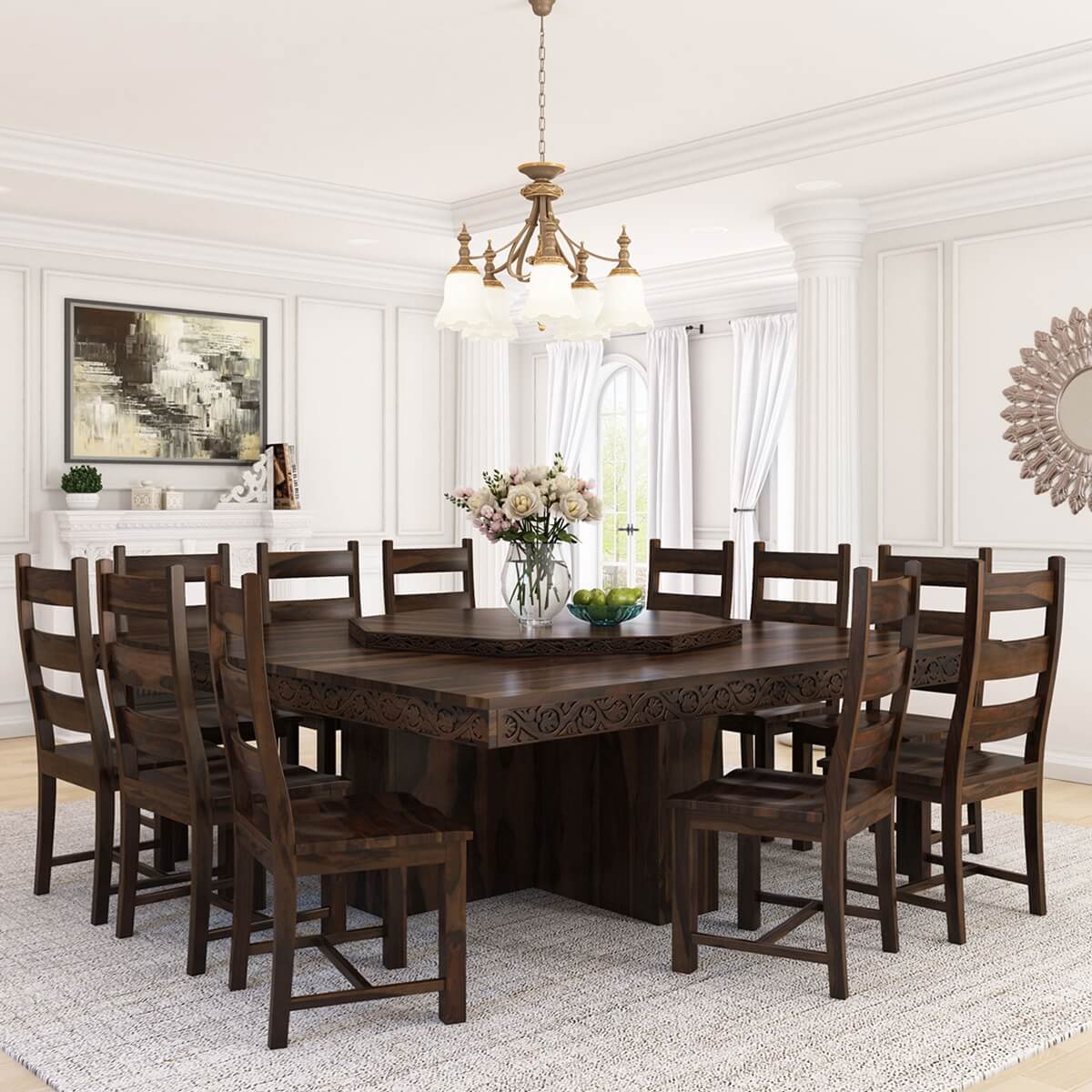 Modern Pioneer Solid Wood Lazy Susan Pedestal Dining Table Chair Set