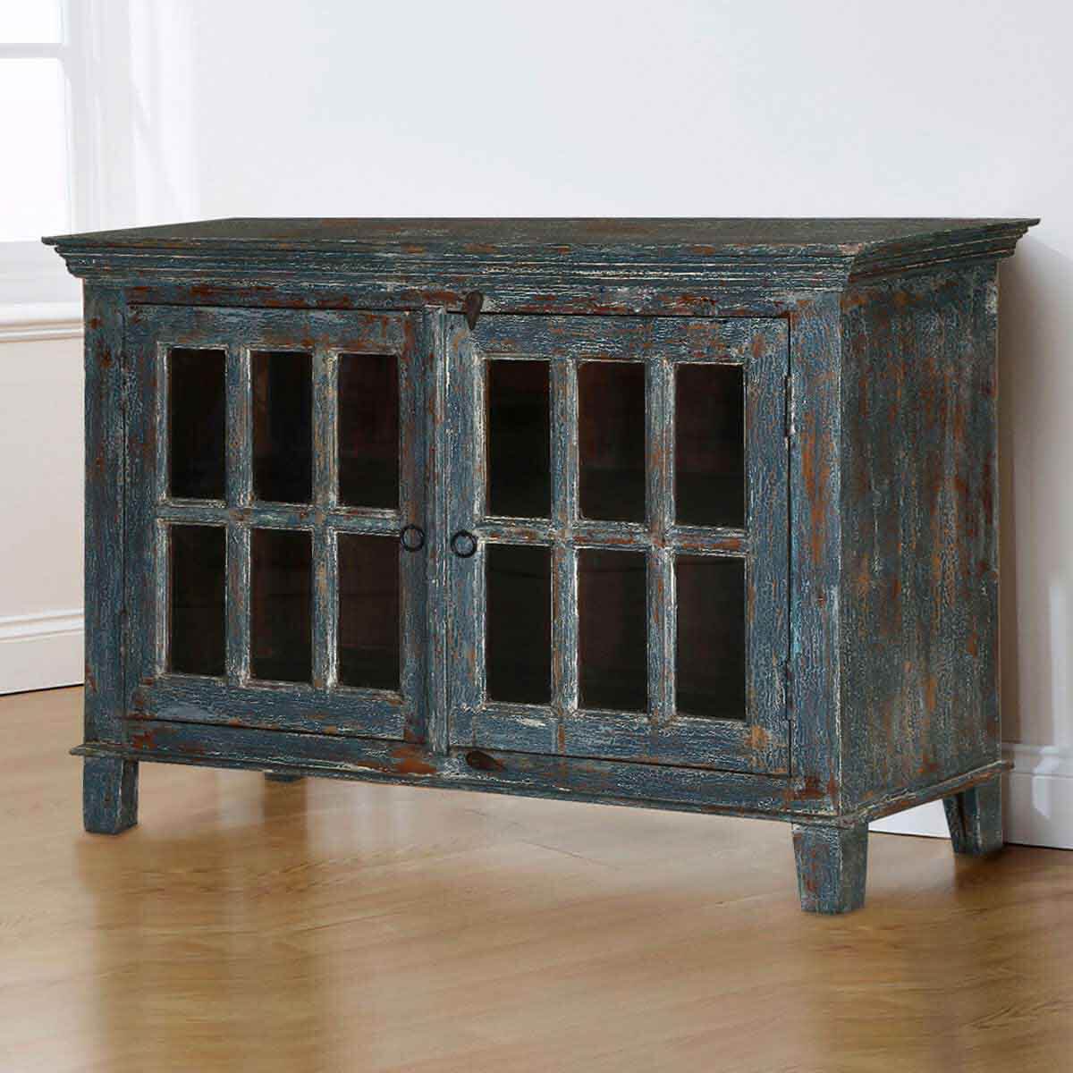 Midnight Modern Distressed Mango Wood Glass Door Storage Cabinet