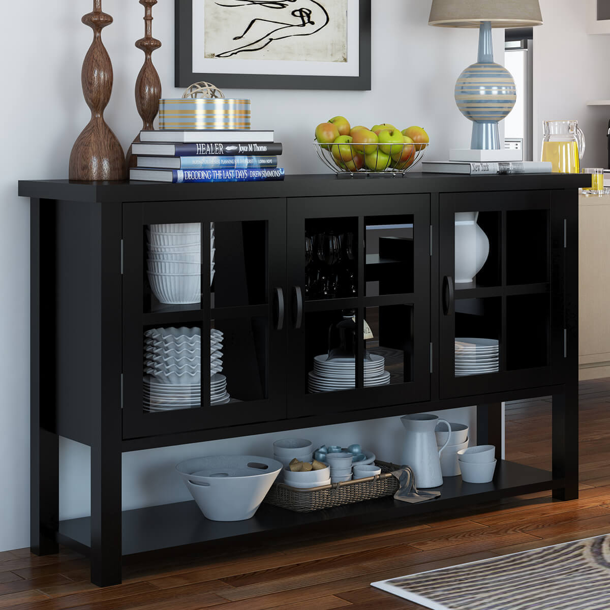 Arcadian Modern Style Solid Wood Glass Door Rustic Buffet Table