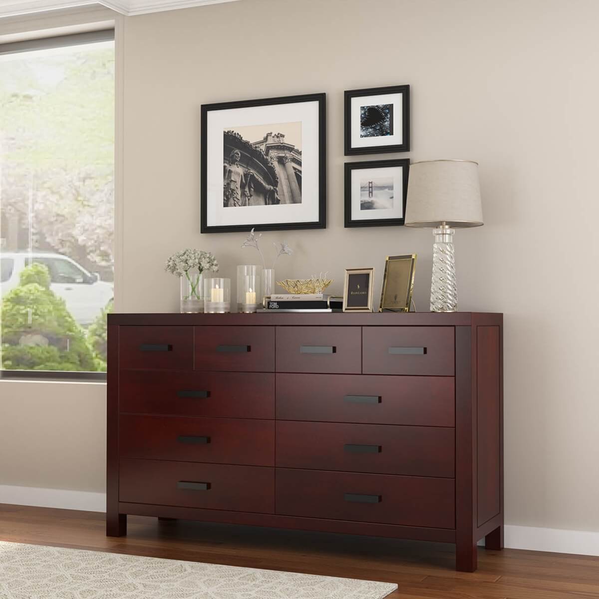 Anniston Contemporary Mahogany Wood Large Bedroom Dresser W 10 Drawers