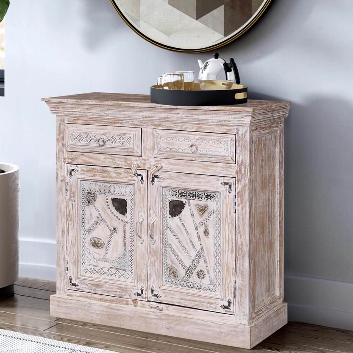 Alna Antique Distressed Reclaimed Wood 2 Drawer Small Buffet Cabinet