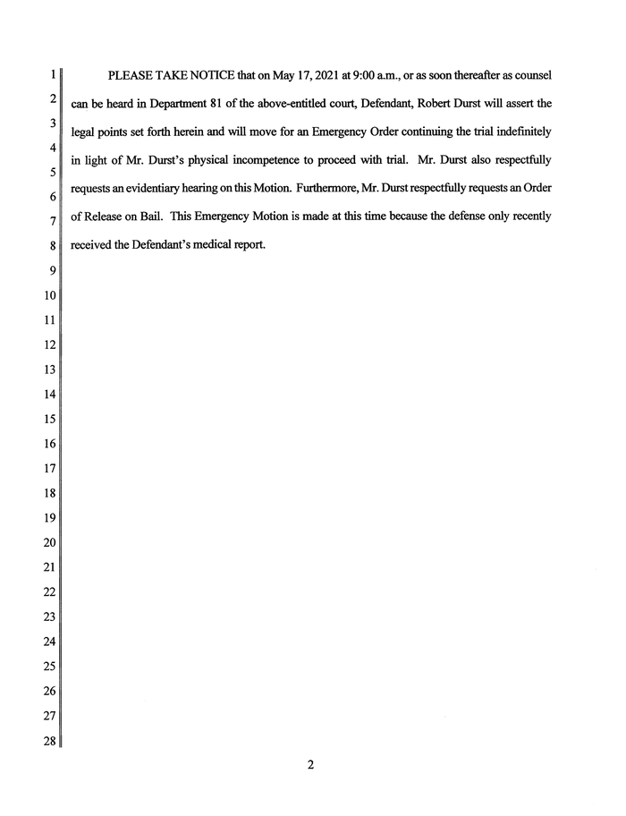 Page 2 of Robert Durst Emergency Motion