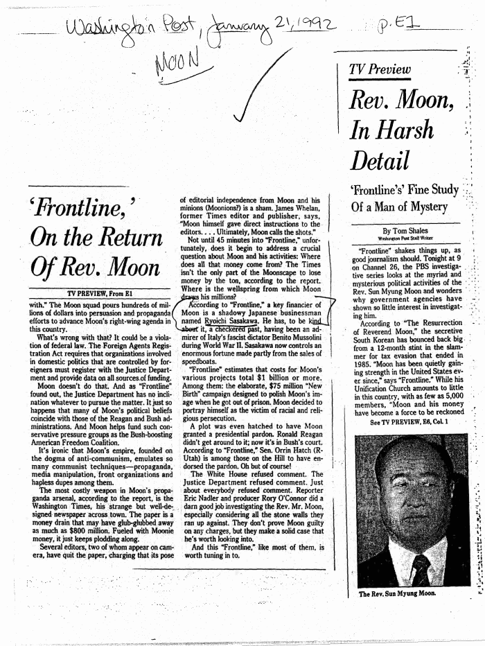 Page 1 of Tv Preview Reverend Moon