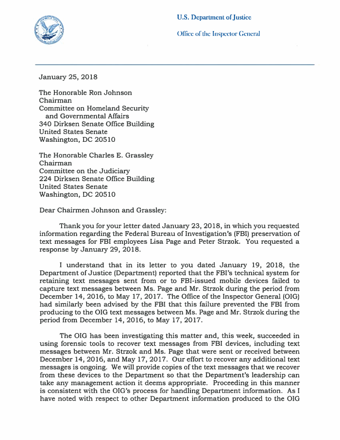 Page 1 of Read the Justice Dept. inspector general?s letter saying he has recovered missing FBI texts