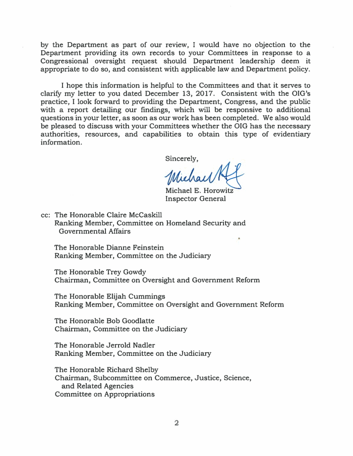 Page 2 of Read the Justice Dept. inspector general?s letter saying he has recovered missing FBI texts