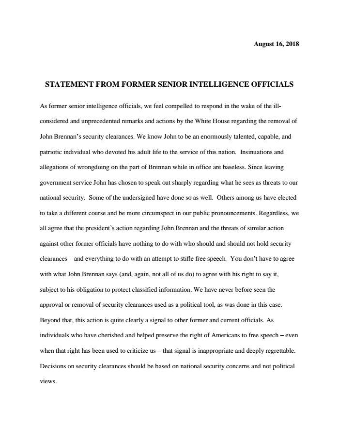 Page 1 of Statement from former senior intelligence officials