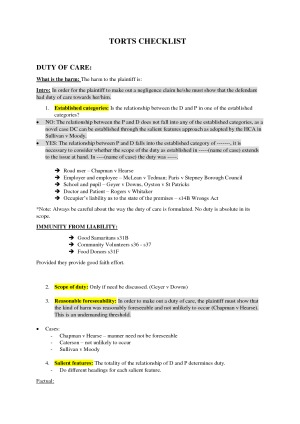 Torts Detailed Checklist H1 Studentvip