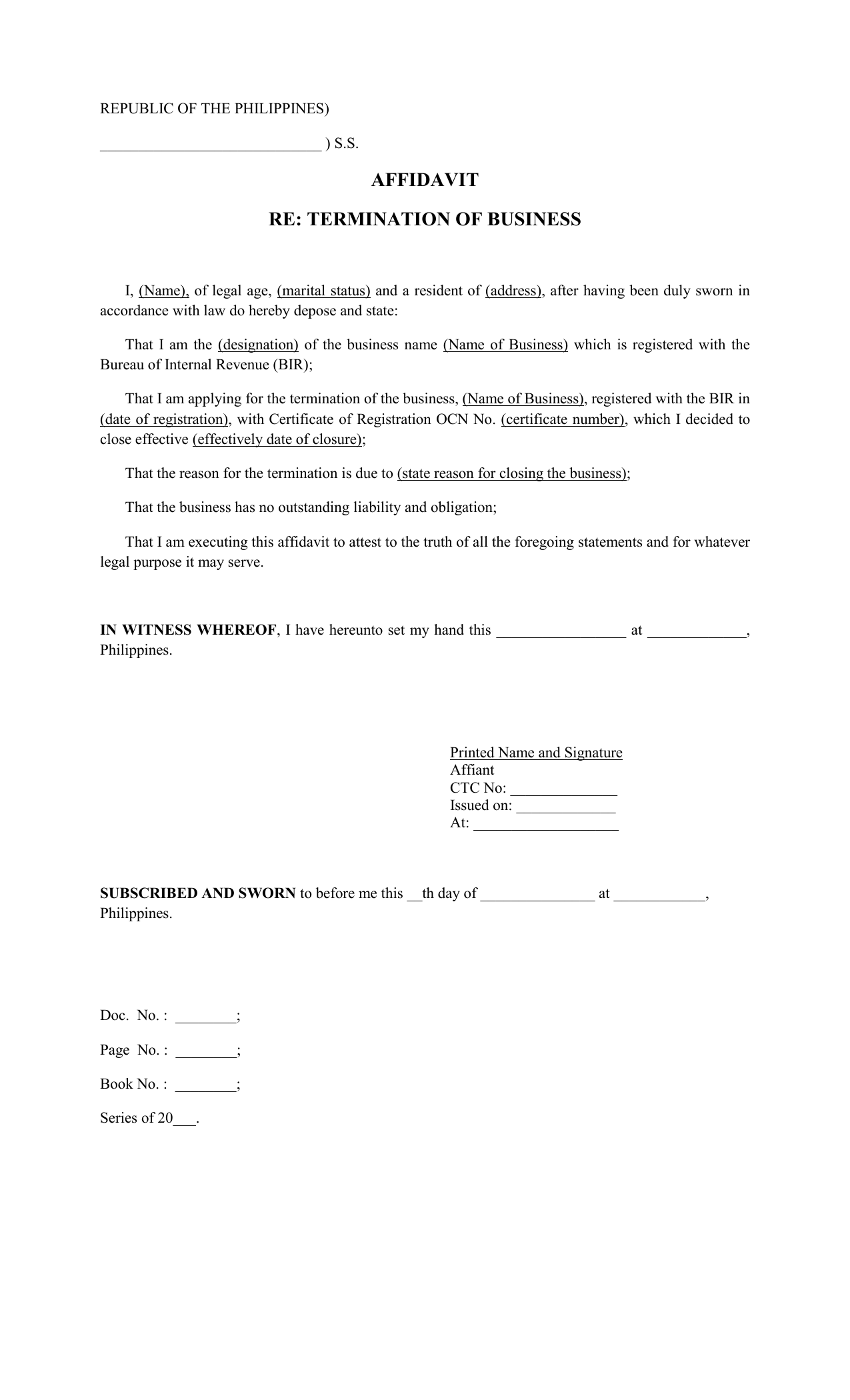 Sample Closure Letter For Business In Bir : Sample Affidavit Of Closure