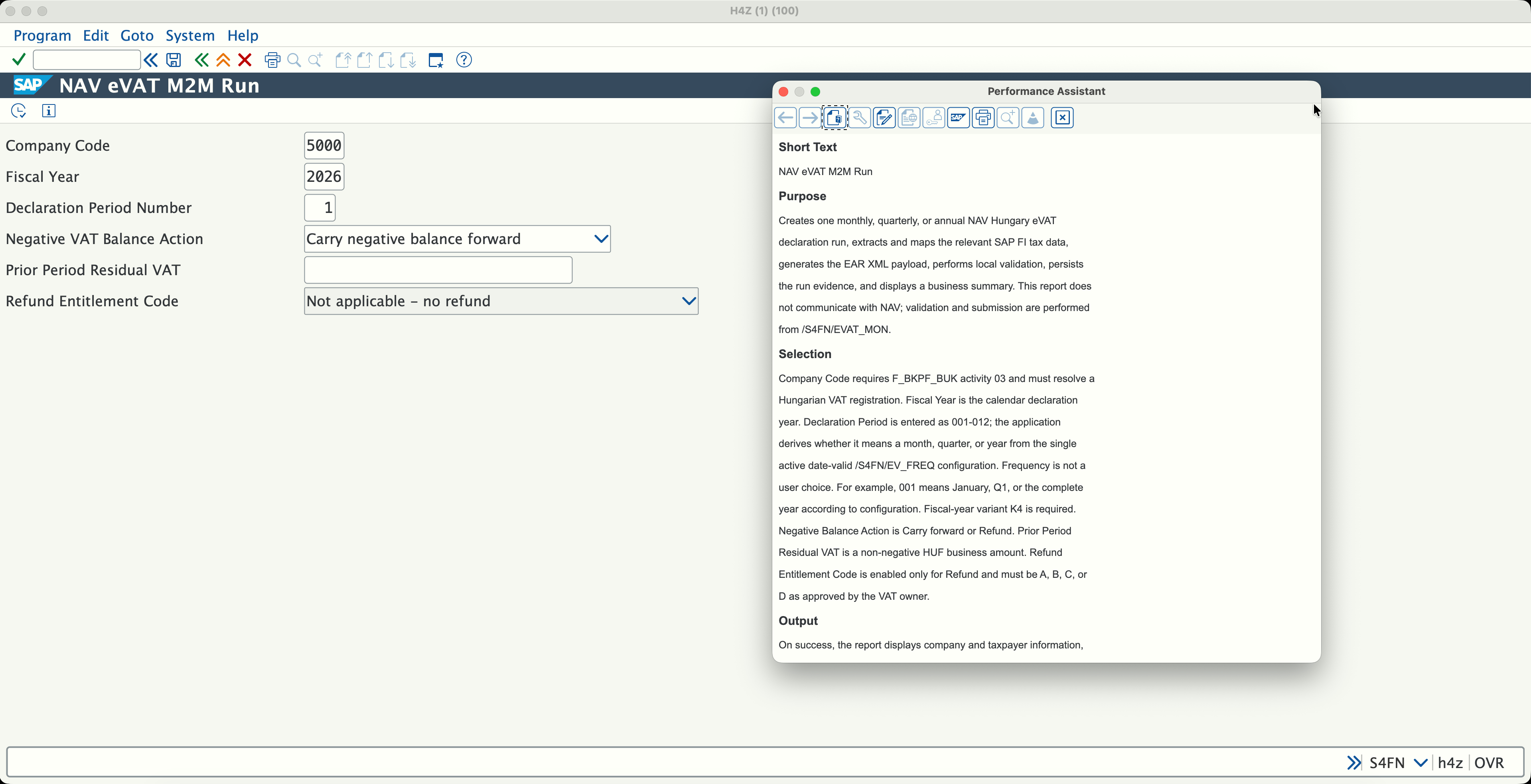 SAP screen for creating a Hungary eVAT filing run using company code, fiscal year, period and filing options