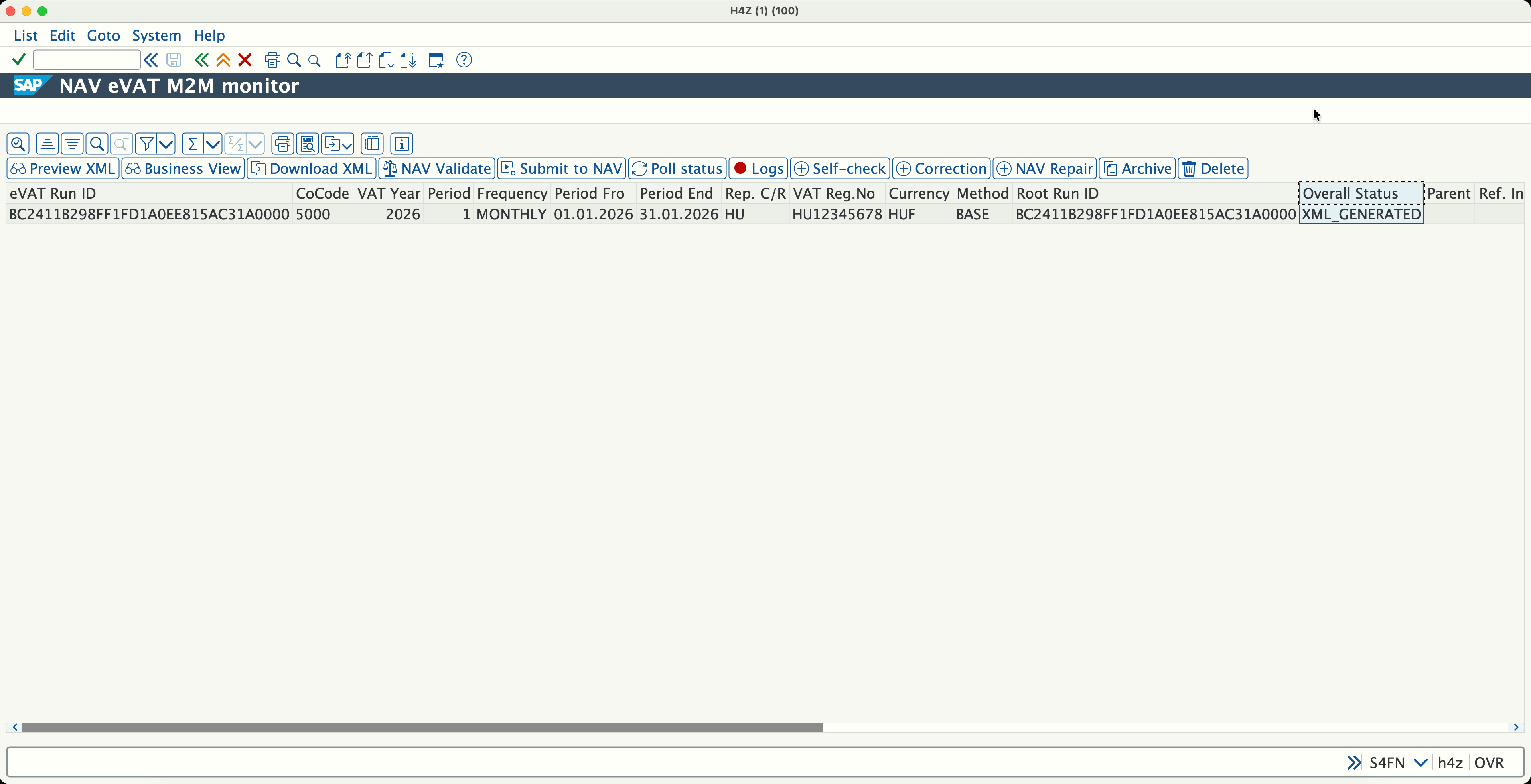 SAP Hungary eVAT monitor with review, validation, submission, status, logs, archive and controlled follow-up actions