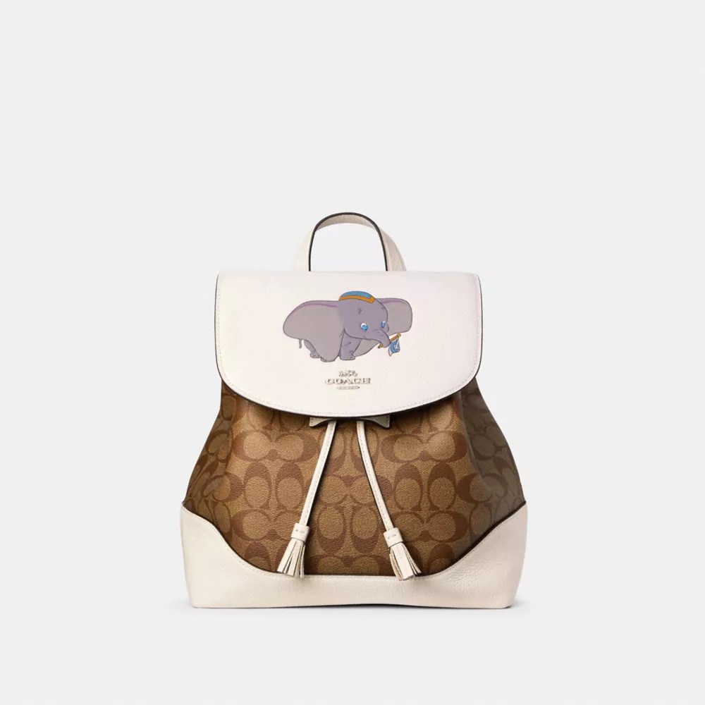 Coach 91121 Disney X Coach Elle Backpack In Signature Canvas With Dumbo Sv Chalk Khaki Multi Coach Handbags