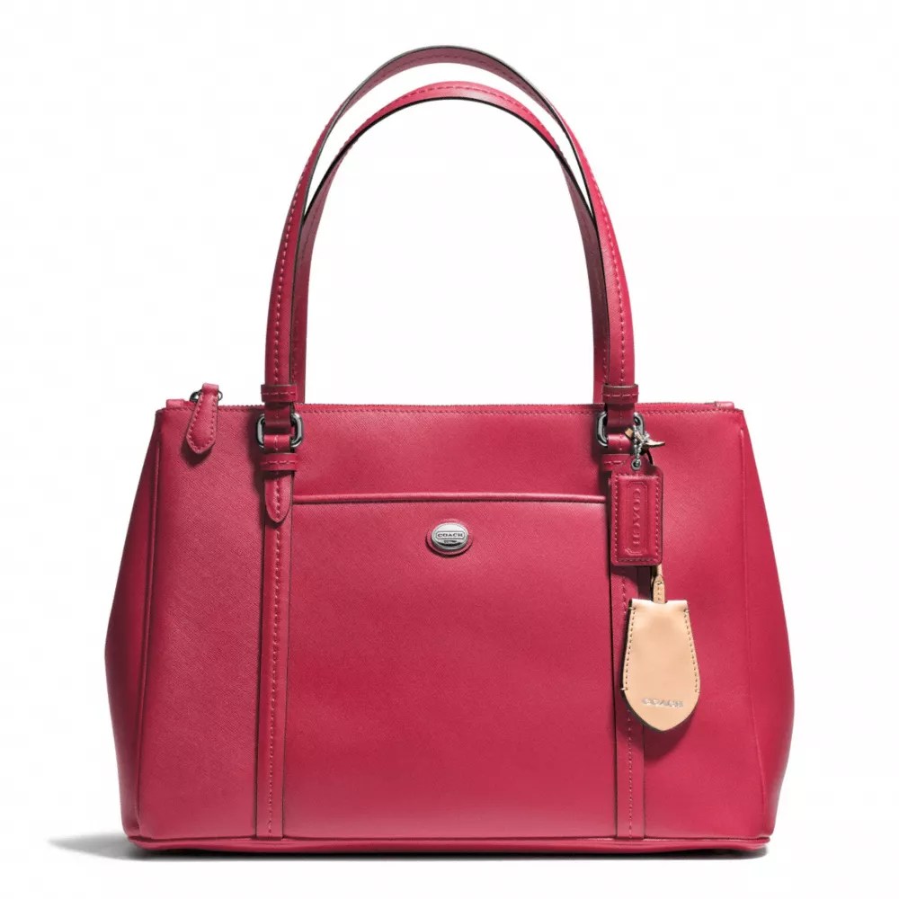 Coach f26187 retail $378.00signature coated canvas with leather trim inside zip, . Coach F25669 Peyton Leather Jordan Double Zip Carryall Silver Red Coach Handbags