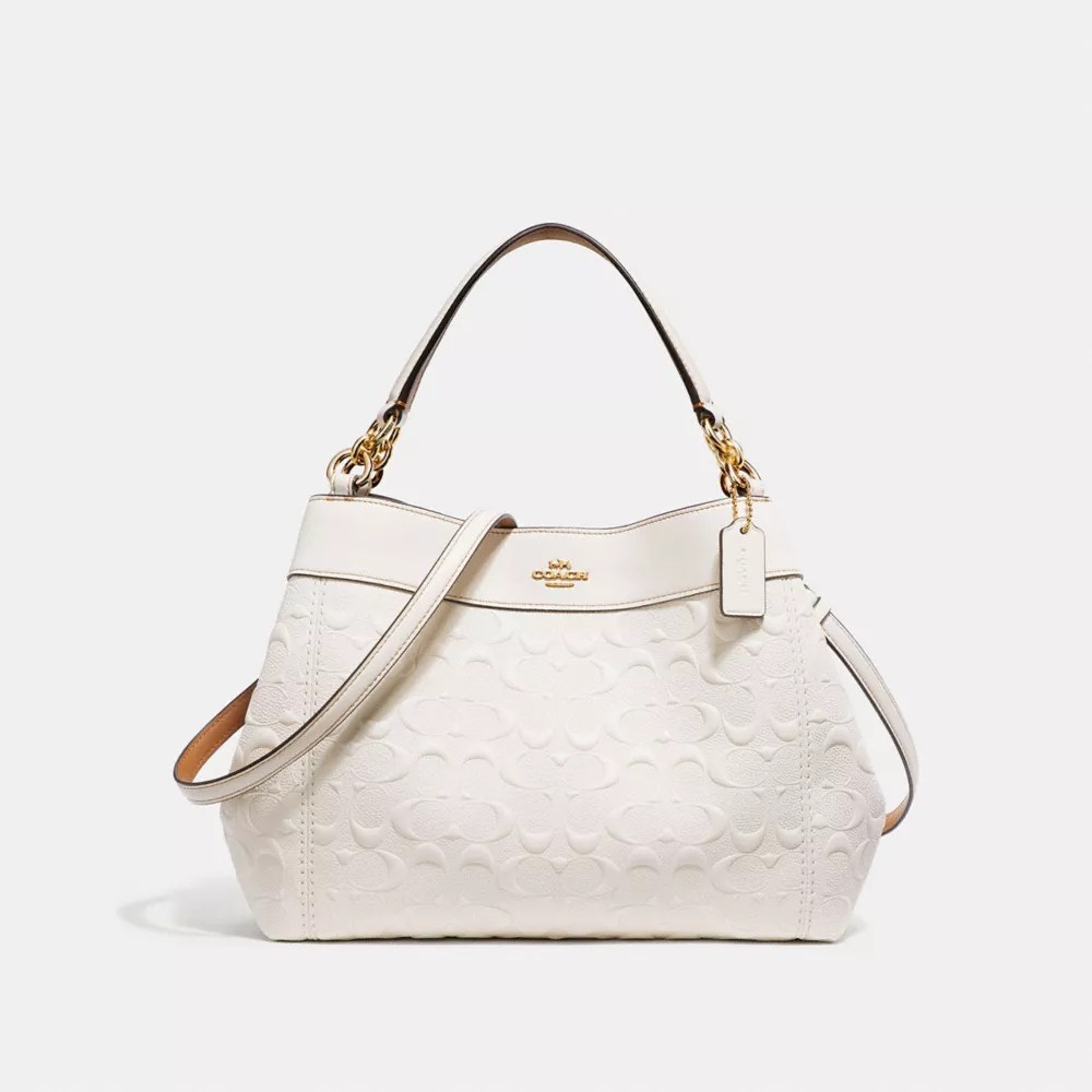 Coach small lexy shoulder bag in signature jacquard · leather · jacquard with leather trim · inside zip and multifunction pockets · fabric lining magnetic snap . Coach F28934 Small Lexy Shoulder Bag In Signature Leather Chalk Light Gold Coach Handbags