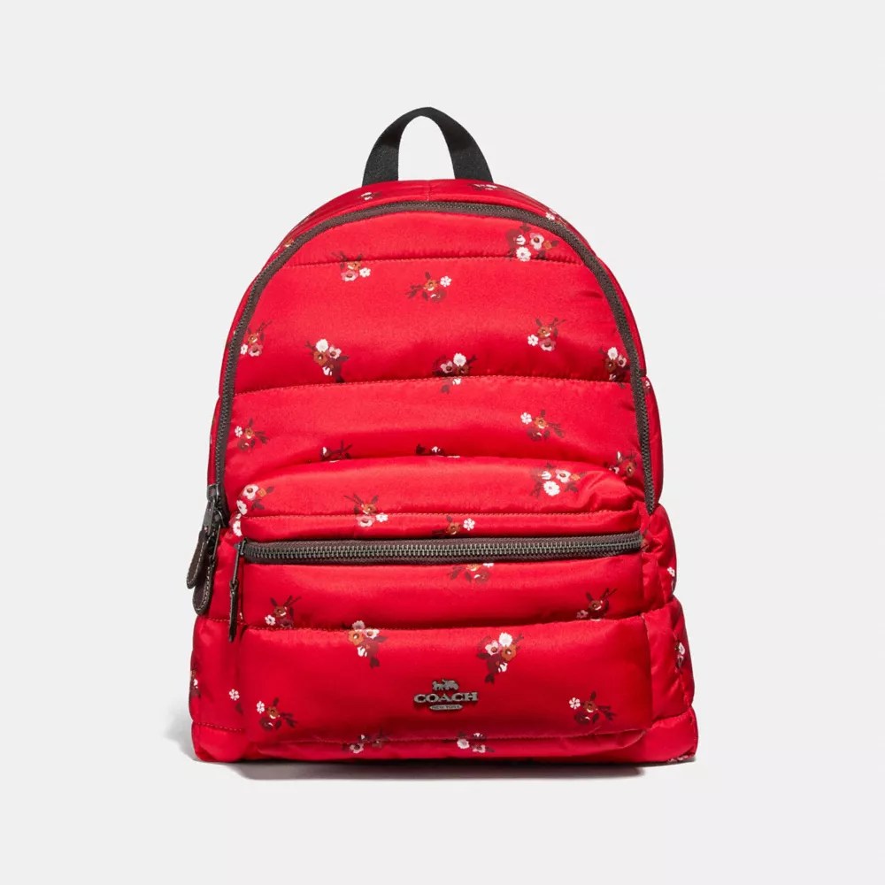 Coach F30667 Charlie Backpack With Baby Bouquet Print Red Multi Black Antique Nickel Coach Handbags