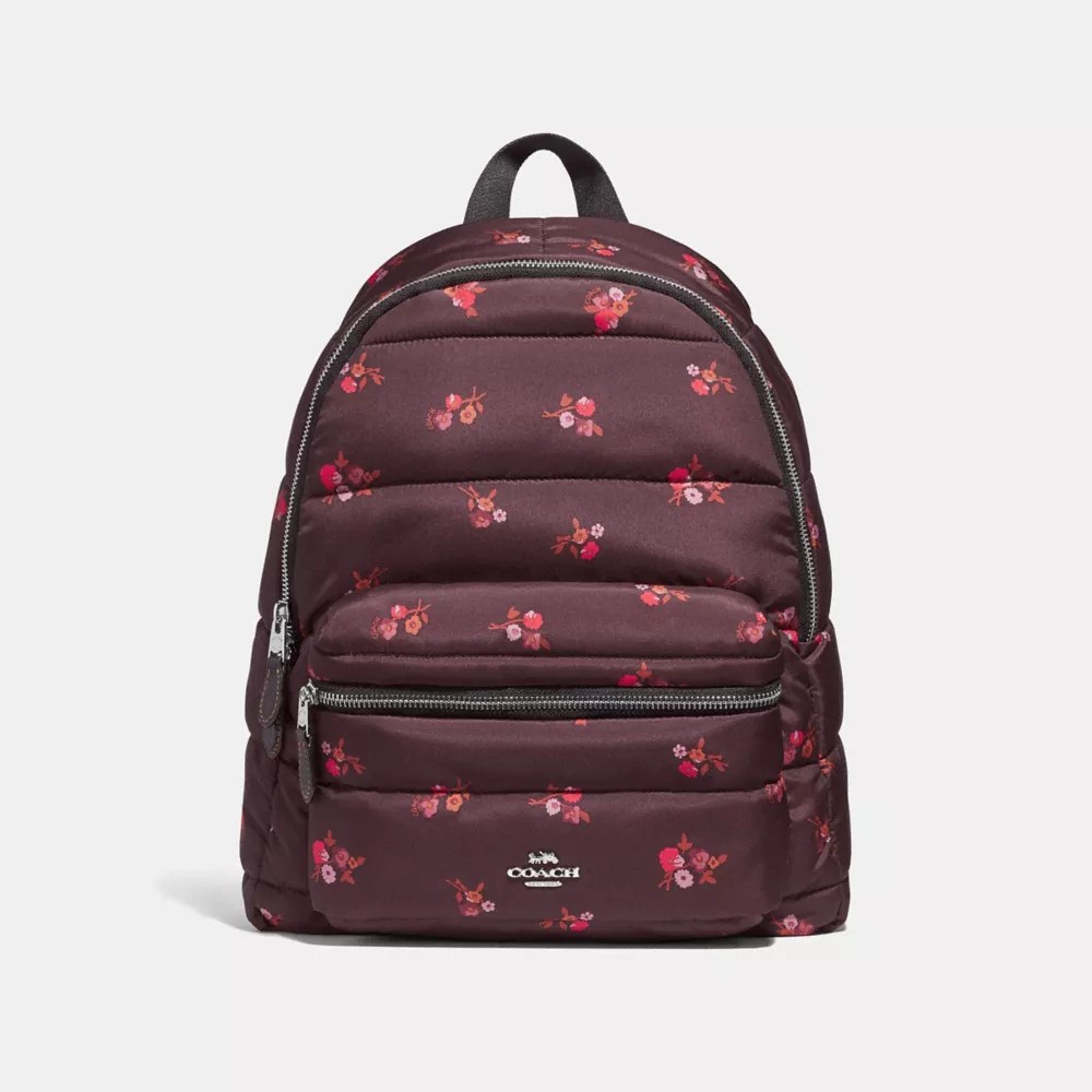 Coach F30667 Charlie Backpack With Baby Bouquet Print Oxblood Multi Silver Coach Handbags