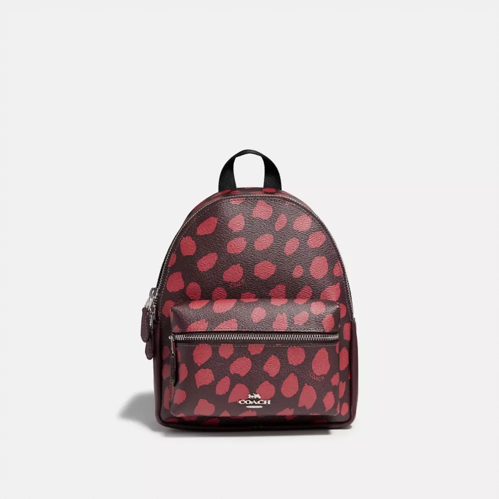 Coach F39030 Mini Charlie Backpack With Deer Spot Print Raspberry Silver Coach Gifts
