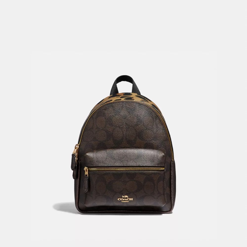 Coach F39034 Mini Charlie Backpack In Signature Canvas With Leopard Print Brown Multi Light Gold Coach Handbags