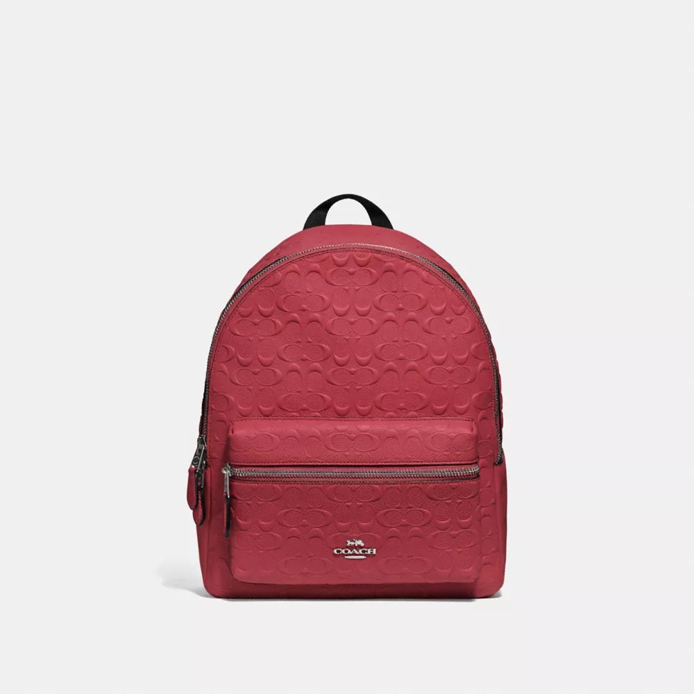Coach F49498 Medium Charlie Backpack In Signature Leather Washed Red Silver Coach Handbags