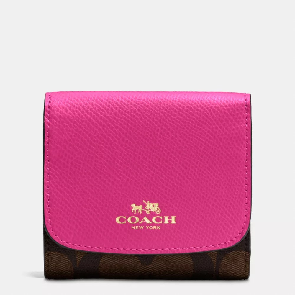 Coach signature pvc checkbook wallet in brown true red. Coach F53837 Small Wallet In Signature Imitation Gold Brown Pink Ruby Coach Wallets Wristlets