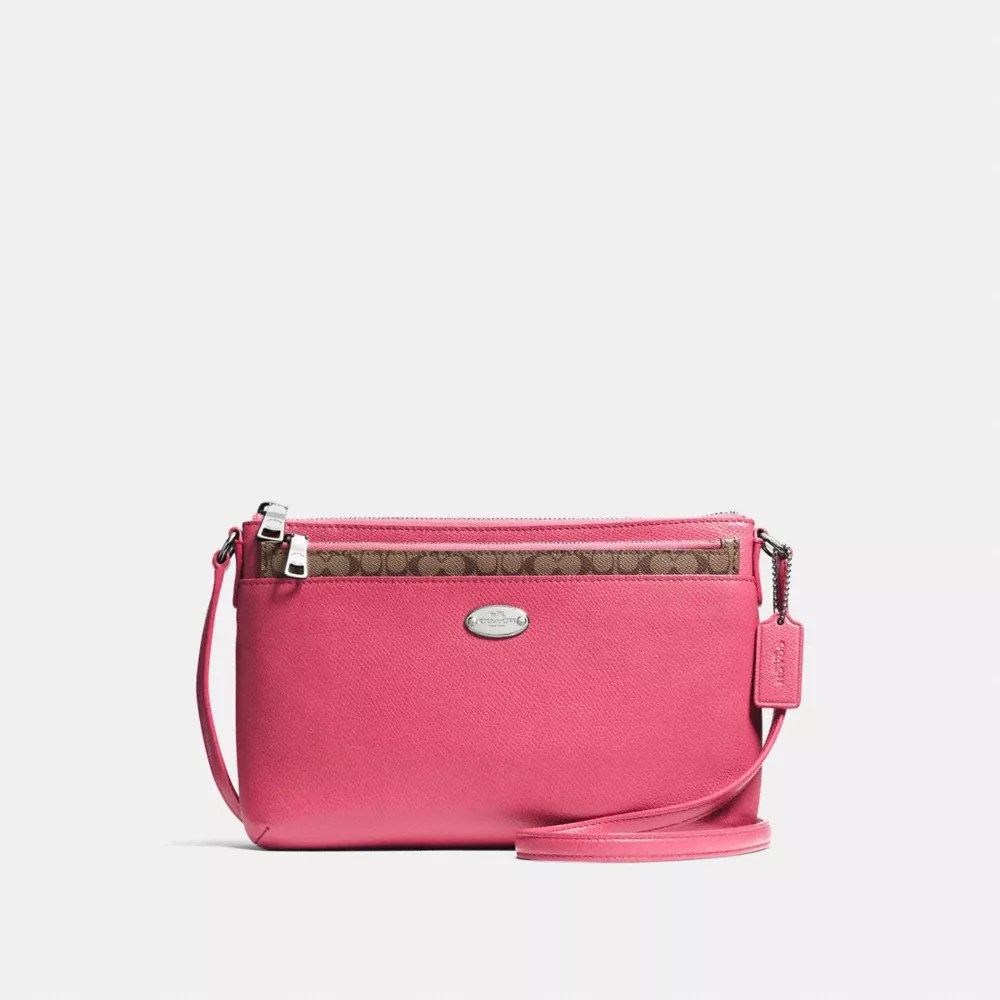 Buy bnib coach east west crossbody with pop up pouch in signature canvas (denim/midnight) in singapore,singapore. Coach F57788 East West Crossbody With Pop Up Pouch In Crossgrain Leather Silver Strawberry Coach Handbags