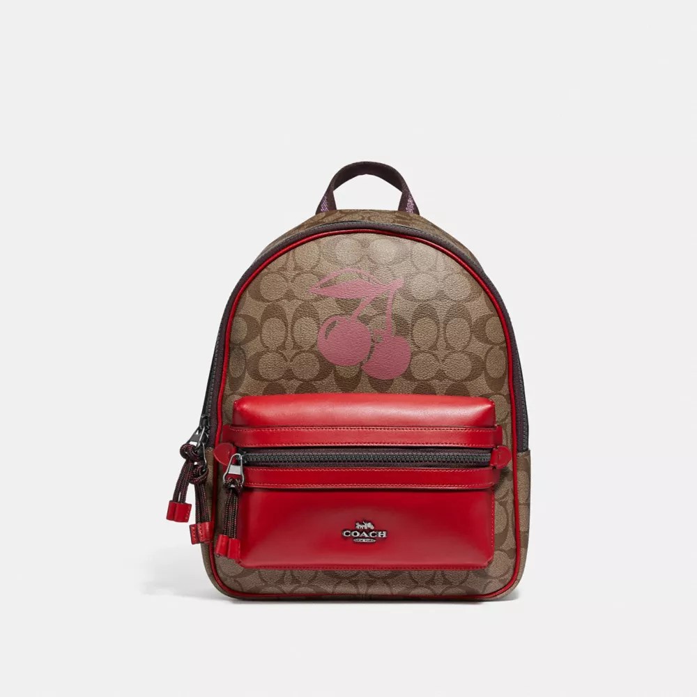 Coach F78254 Medium Charlie Backpack In Signature Canvas With Cherry Motif Qb Khaki Multi Coach Handbags