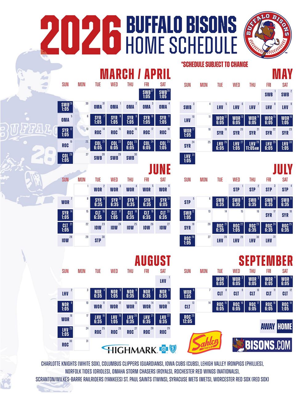 Buffalo Bisons Unveil 2026 Schedule Opening Day March 27 2026 Bisons Schedule Home Game Times