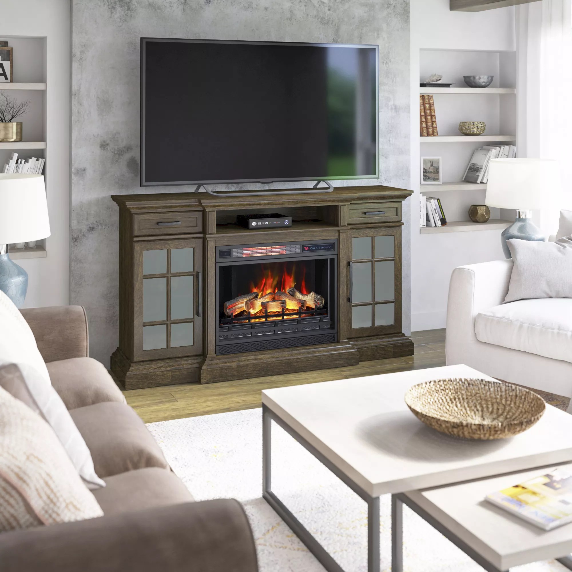 Chimney Free 55 5 In W 4 600 Btu Buxton Brown Wood Fan Forced Electric Fireplace With Thermostat And Remote Control Lowes Com Electric Fireplace Entertainment Center Fireplace Entertainment Center Fireplace Entertainment