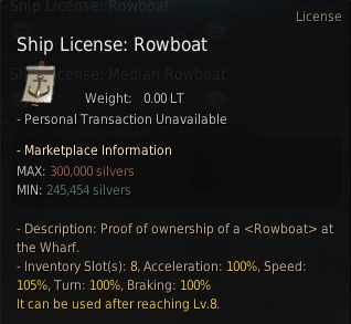 A screen showing the ship license for a Rowboat in BDO