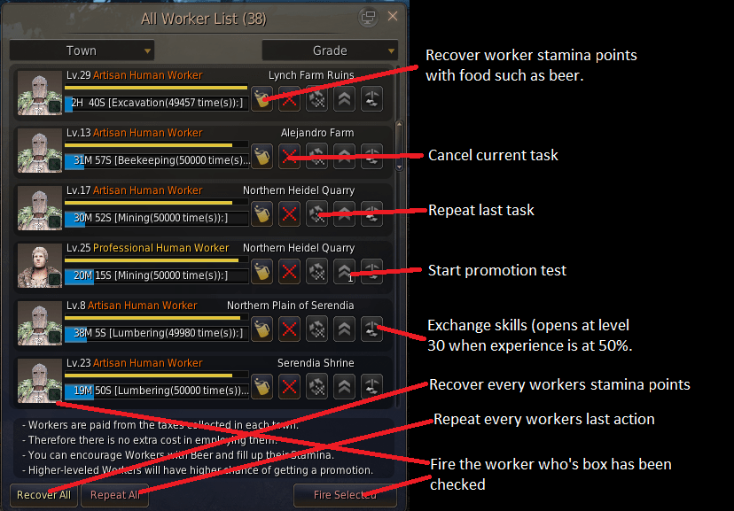 Image shows the worker screen in Black Desert Online. It shows what everything in the screen does and how to navigate it.