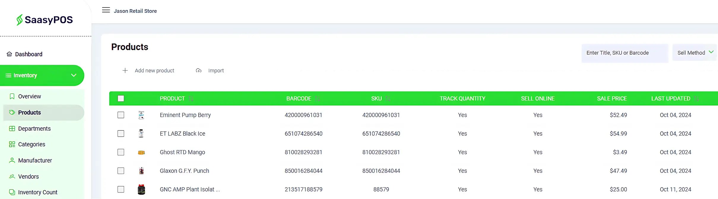 SaasyPOS dashboard displaying inventory products and details, supporting inventory forecasting.