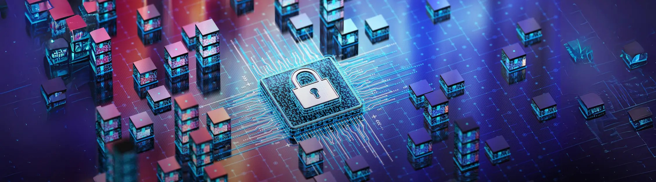 Digital lock with interconnected blocks representing retail cybersecurity solutions.