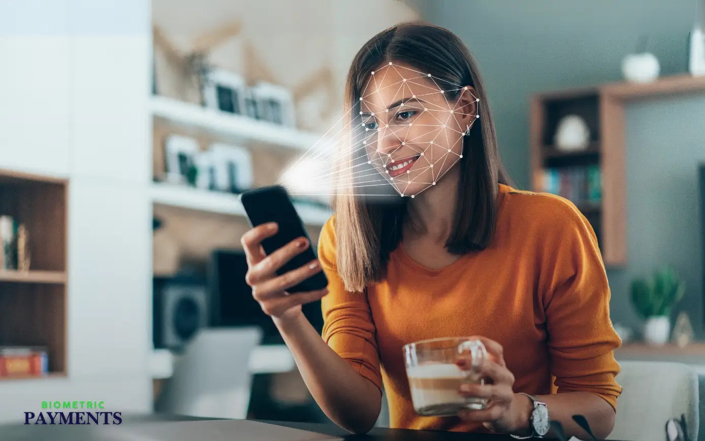 A woman using facial recognition on her smartphone for biometric payment authentication.