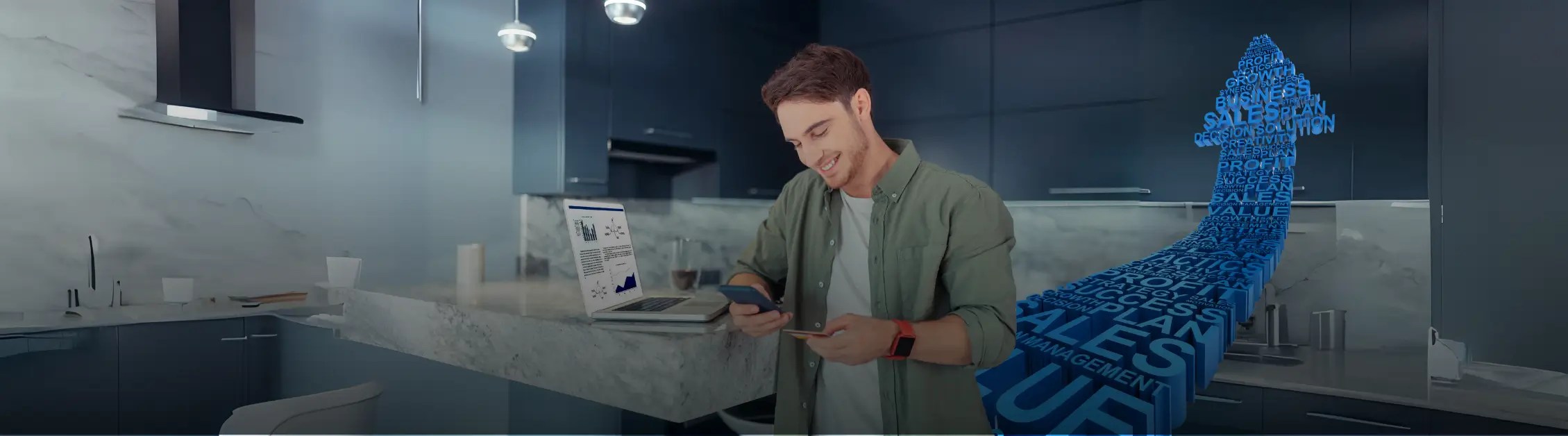 A man using a smartphone with a growth arrow symbolizes success.