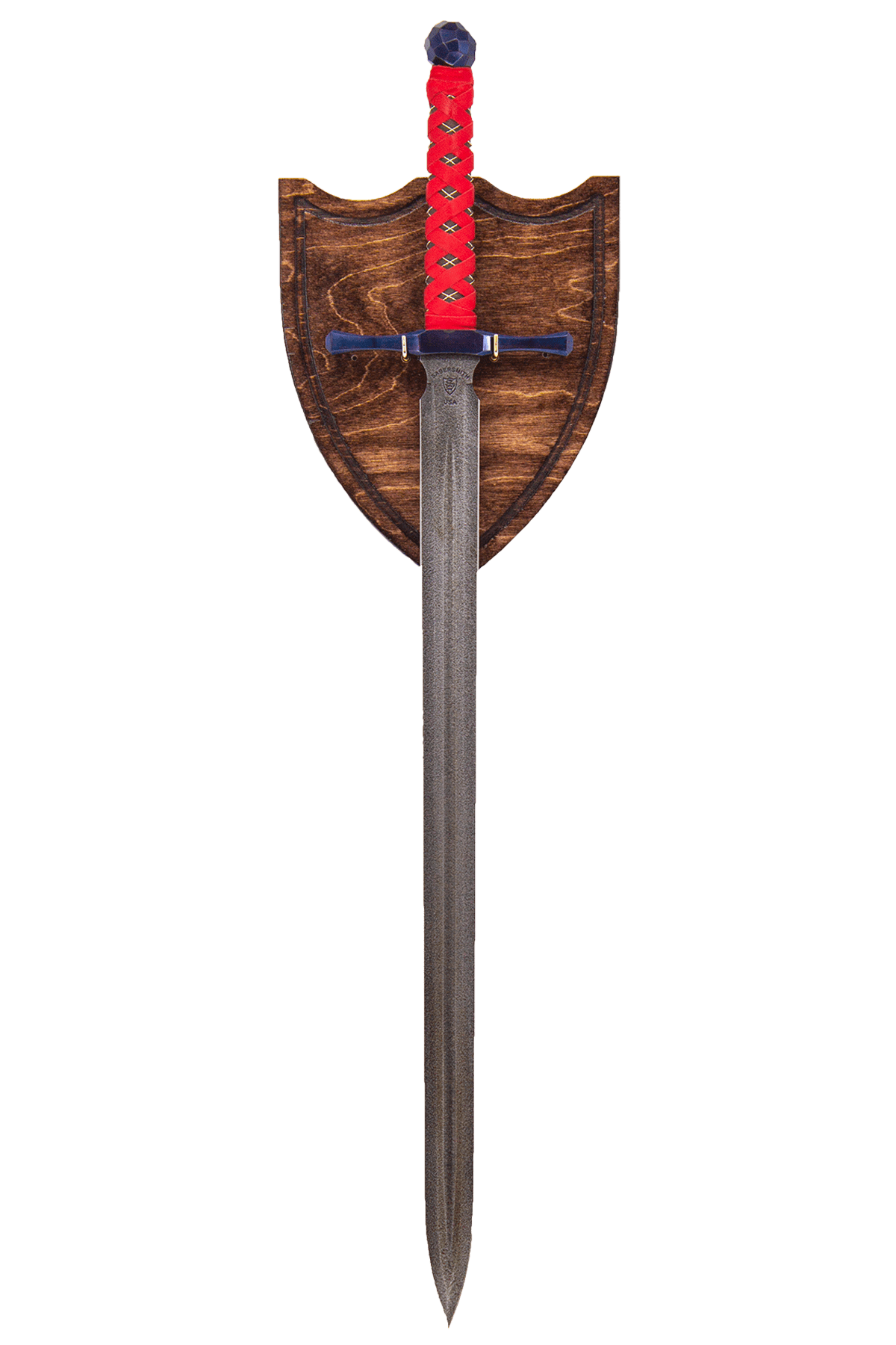 Hand & a Half - Acid Etched Blade - Red on Brown Leather with Silver Wire Handle - Faceted Ball Pommel