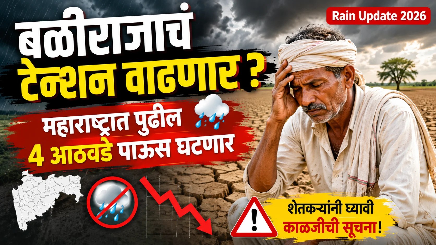 कोरडं शेत आणि आकाशात विरळ ढग - महाराष्ट्र पाऊस तूट 2026
