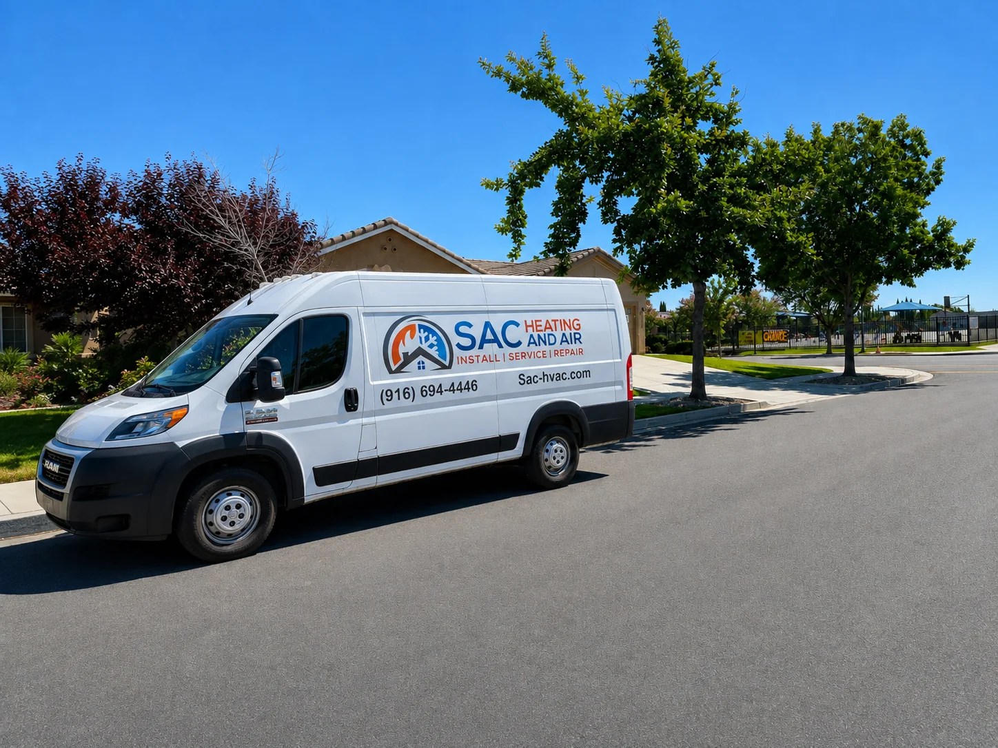 SAC Heating and Air service van parked in a residential neighborhood