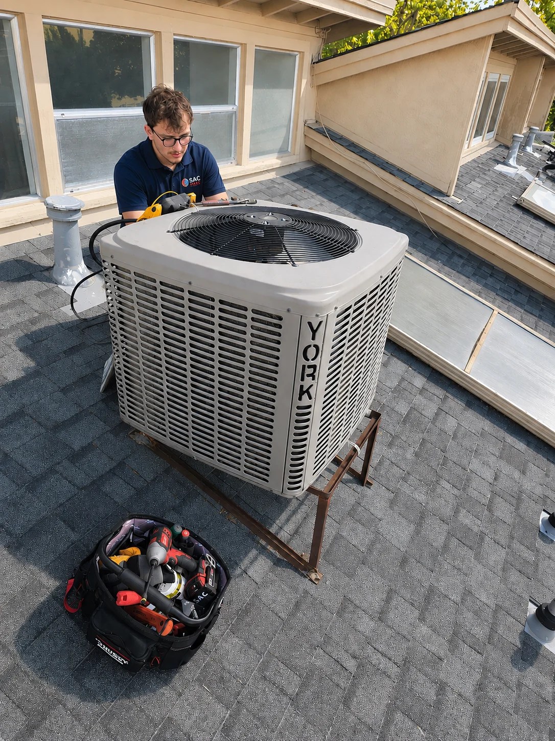 SAC Heating and Air technician servicing a rooftop York air conditioning unit