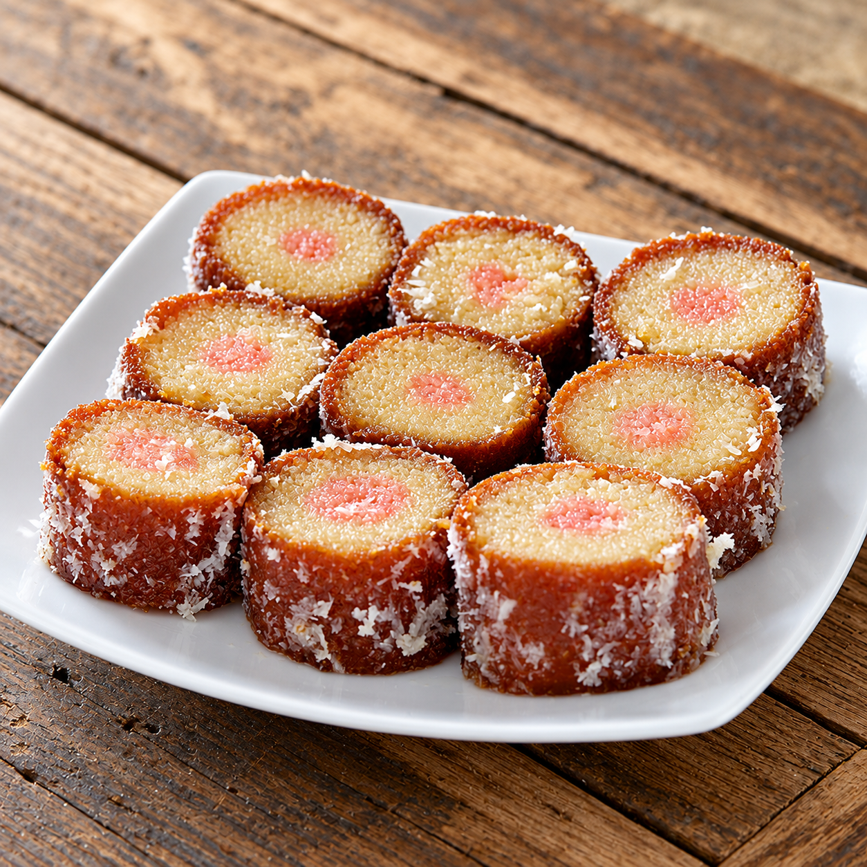 Coconut Roll Sweets on Rustic Plate