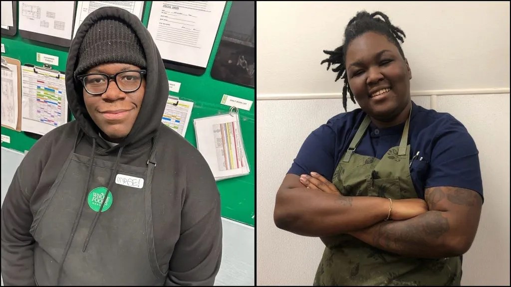 (Left): Mase Veney, 26, is a leading organizer of the Whole Foods union movement in Philadelphia. Photo Credit: Courtesy photo (Right): Following her family’s tradition of being labor union supporters, Khyania Adams, 32, becomes a union member at Philadelphia’s Whole Foods—the first store in the company to unionize. Photo Credit: Courtesy photo