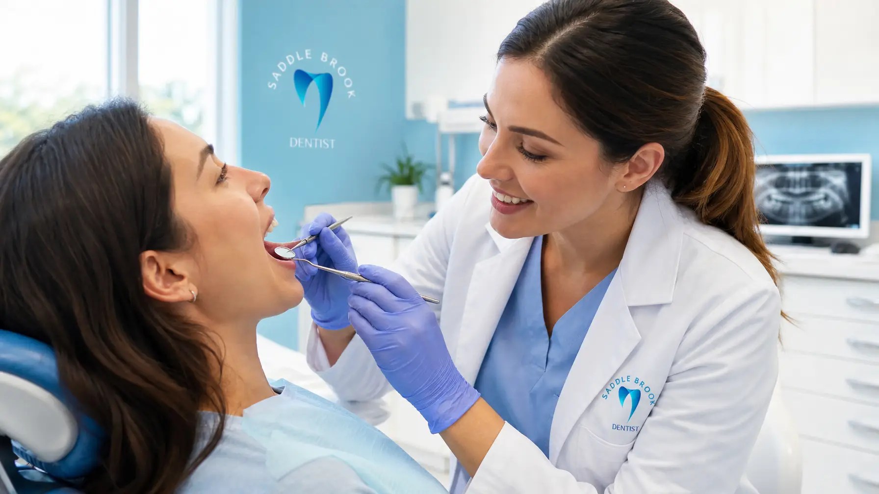 Dentist examining patient's gums at Saddle Brook Dentist in Bergen County, NJ