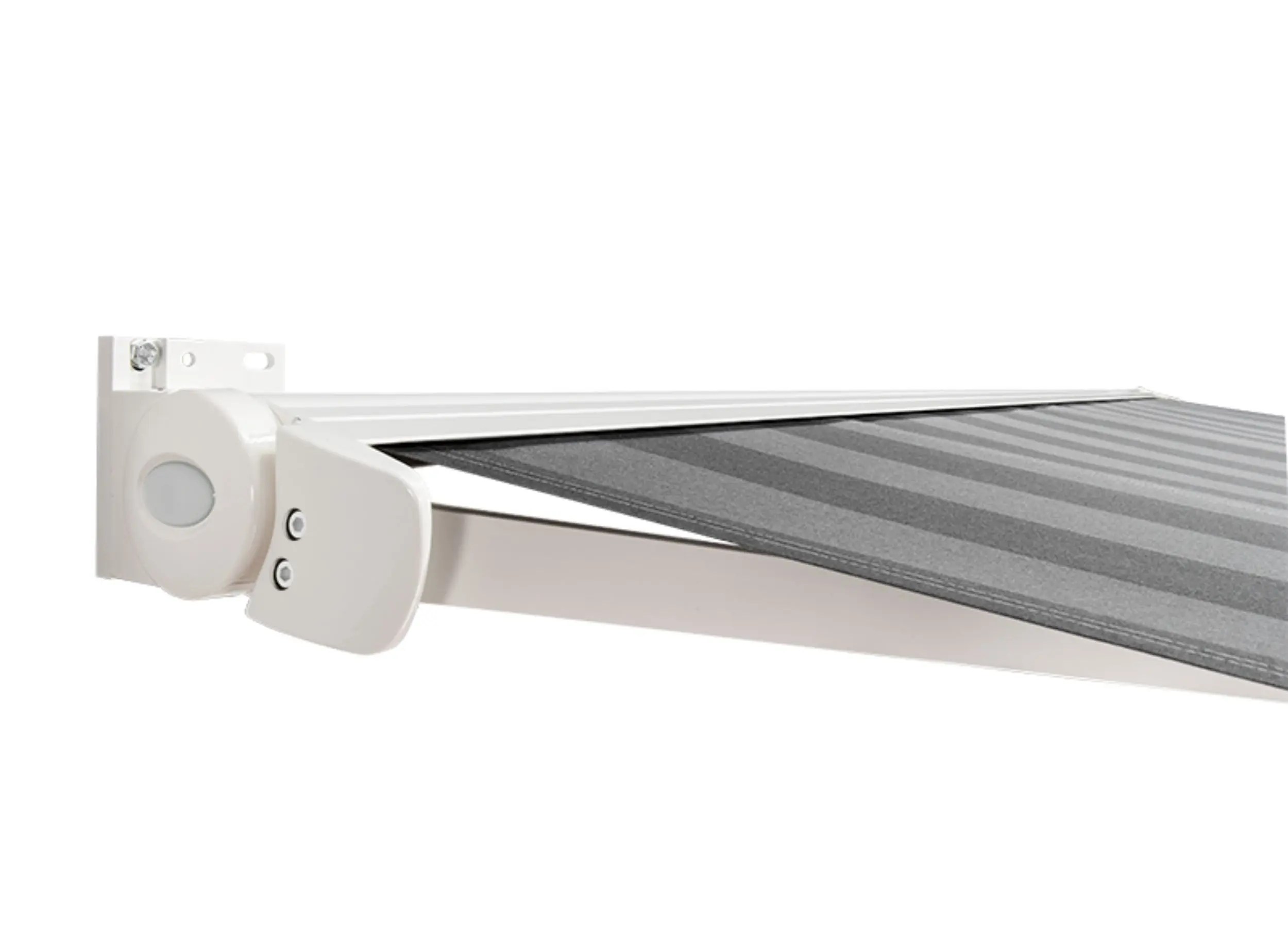 Close-up of Saffron Signature Bartlow awning cassette in white finish.