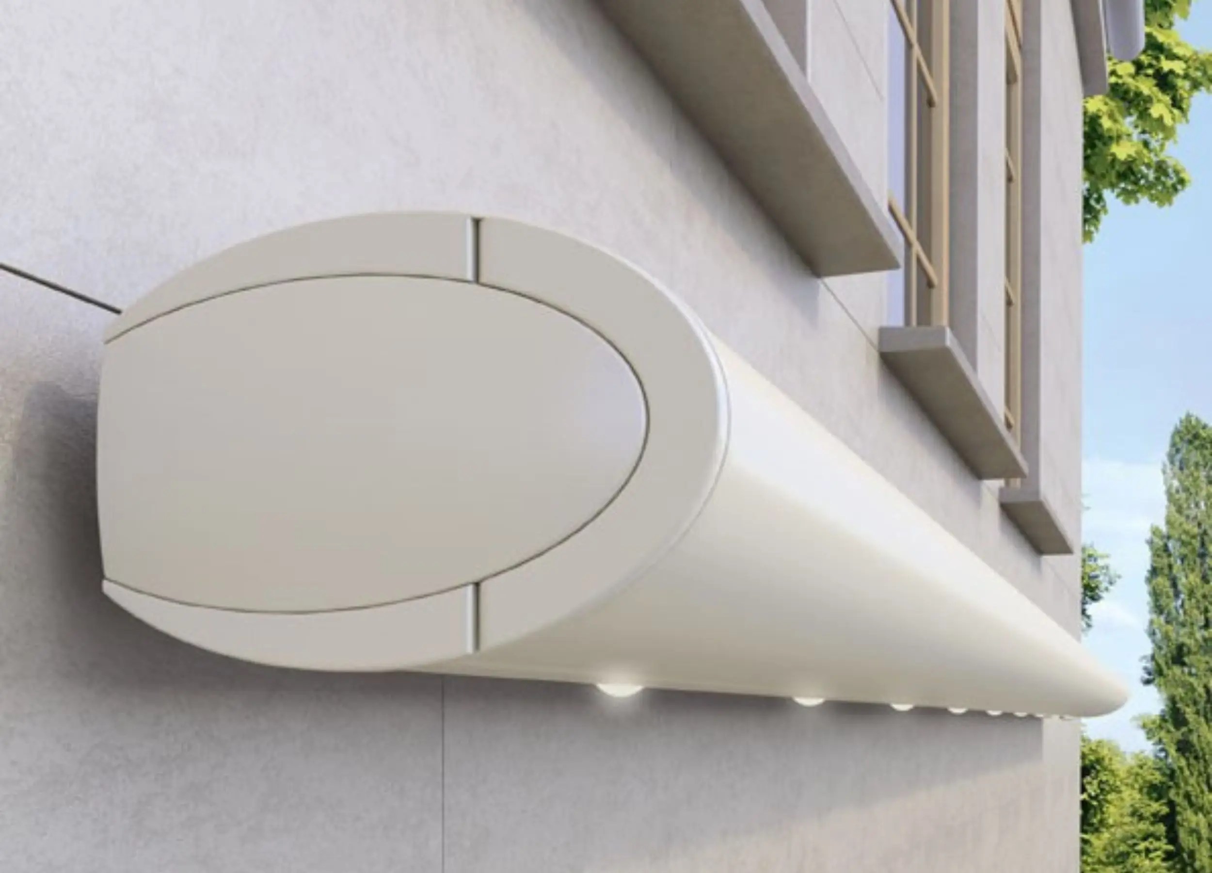 Close-up view of the Weinor Opal awning cassette in white, showing its sleek full-cassette design with integrated LED lighting.