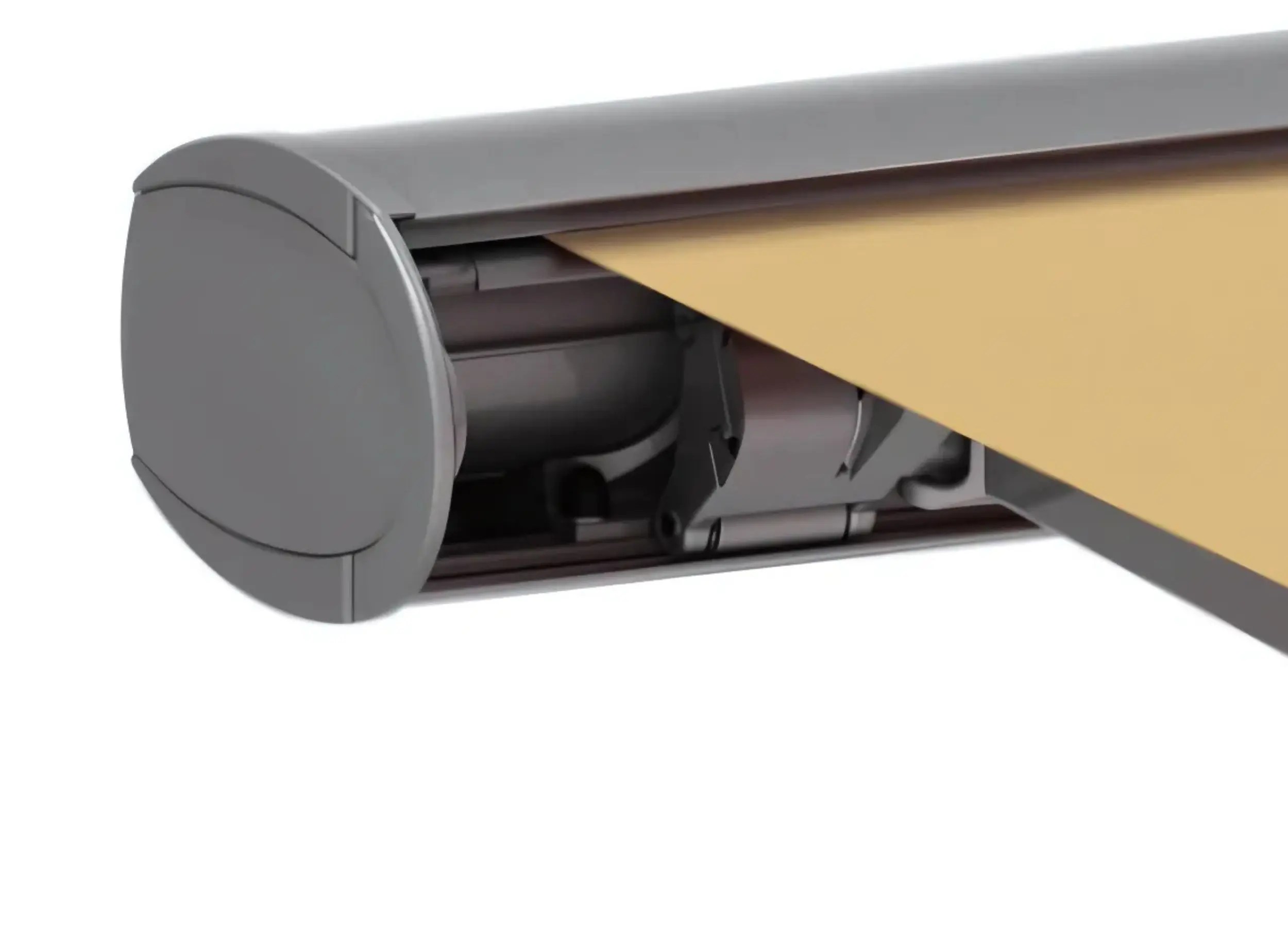 Detailed view of the open Weinor Opal awning showing the internal mechanics and folding arms.