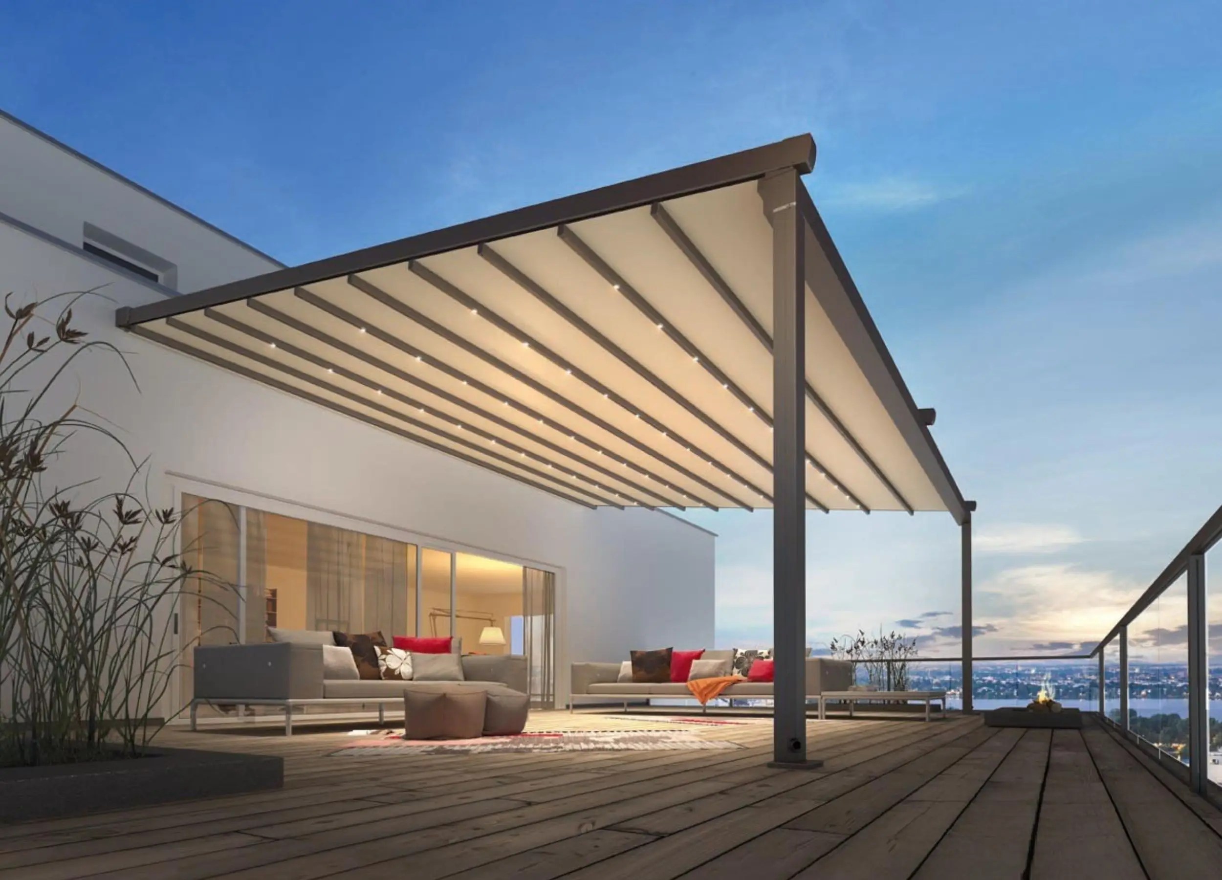 Pergotex retractable roof with integrated LED spotlights.