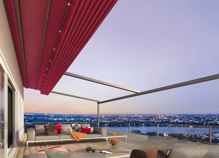 Red fabric Weinor Pergotex with LED lighting.