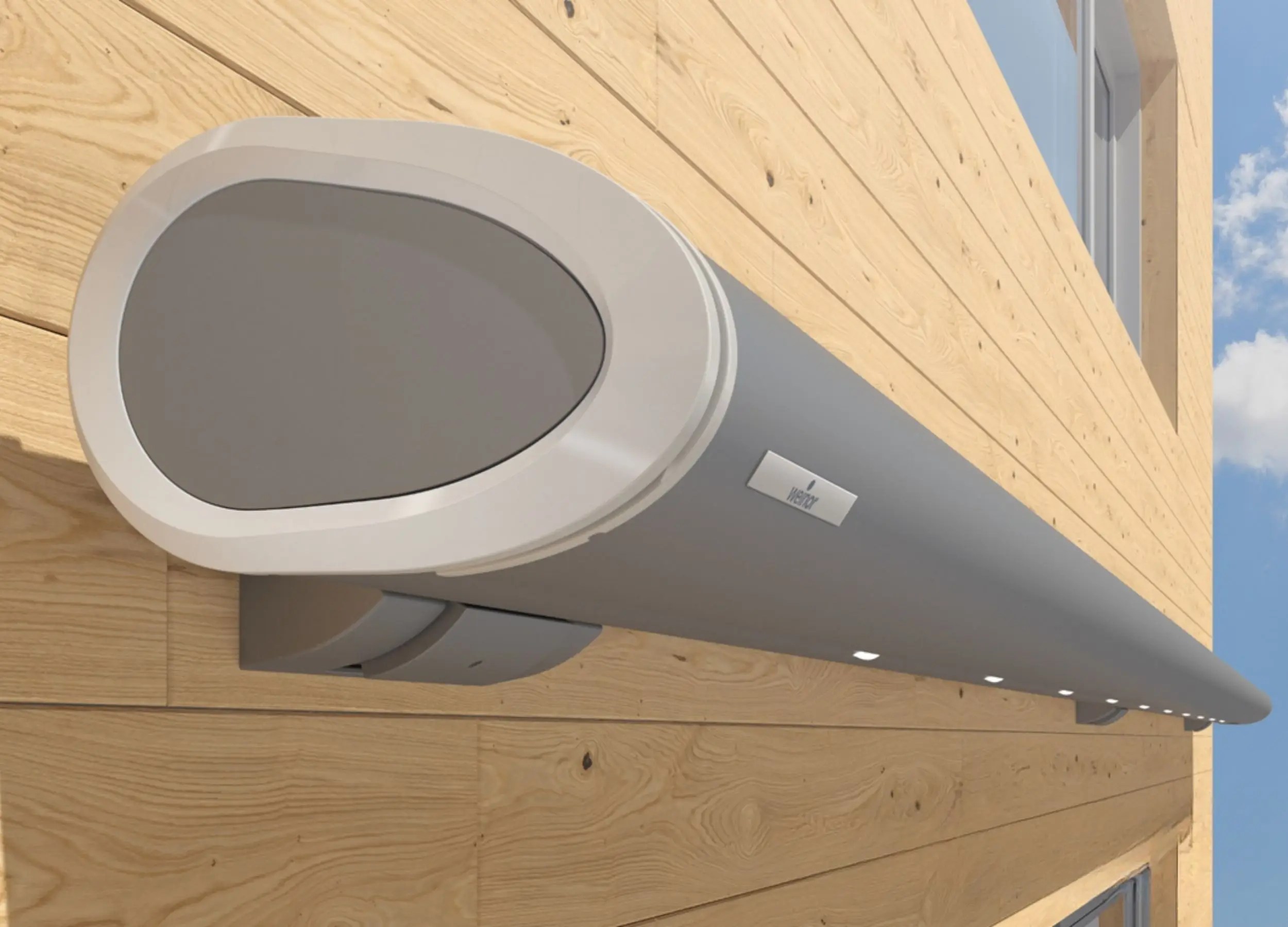 Semina Life awning closed against timber cladding with integrated LED lighting