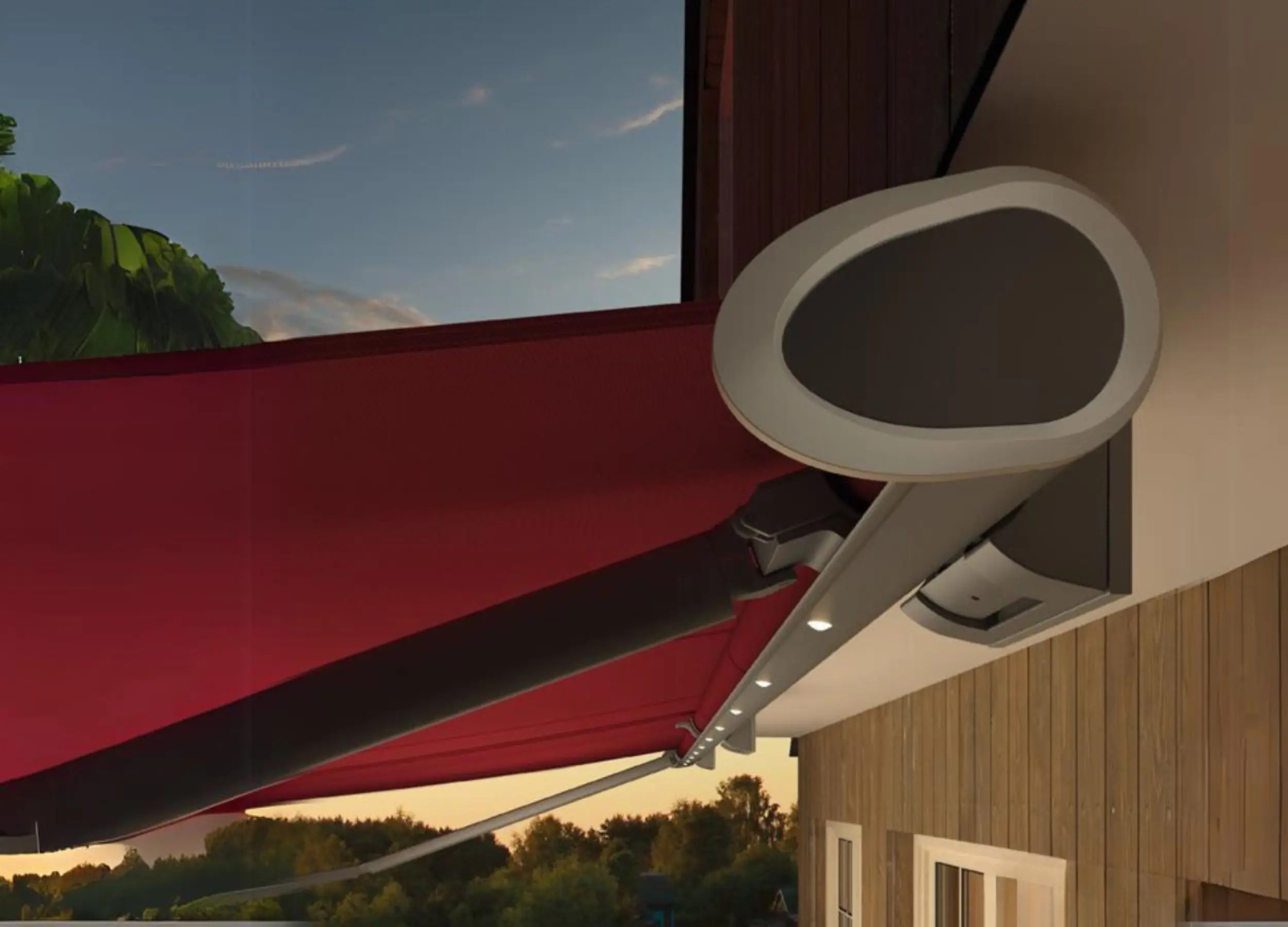 Semina Life awning extended in red with LED lighting at sunset