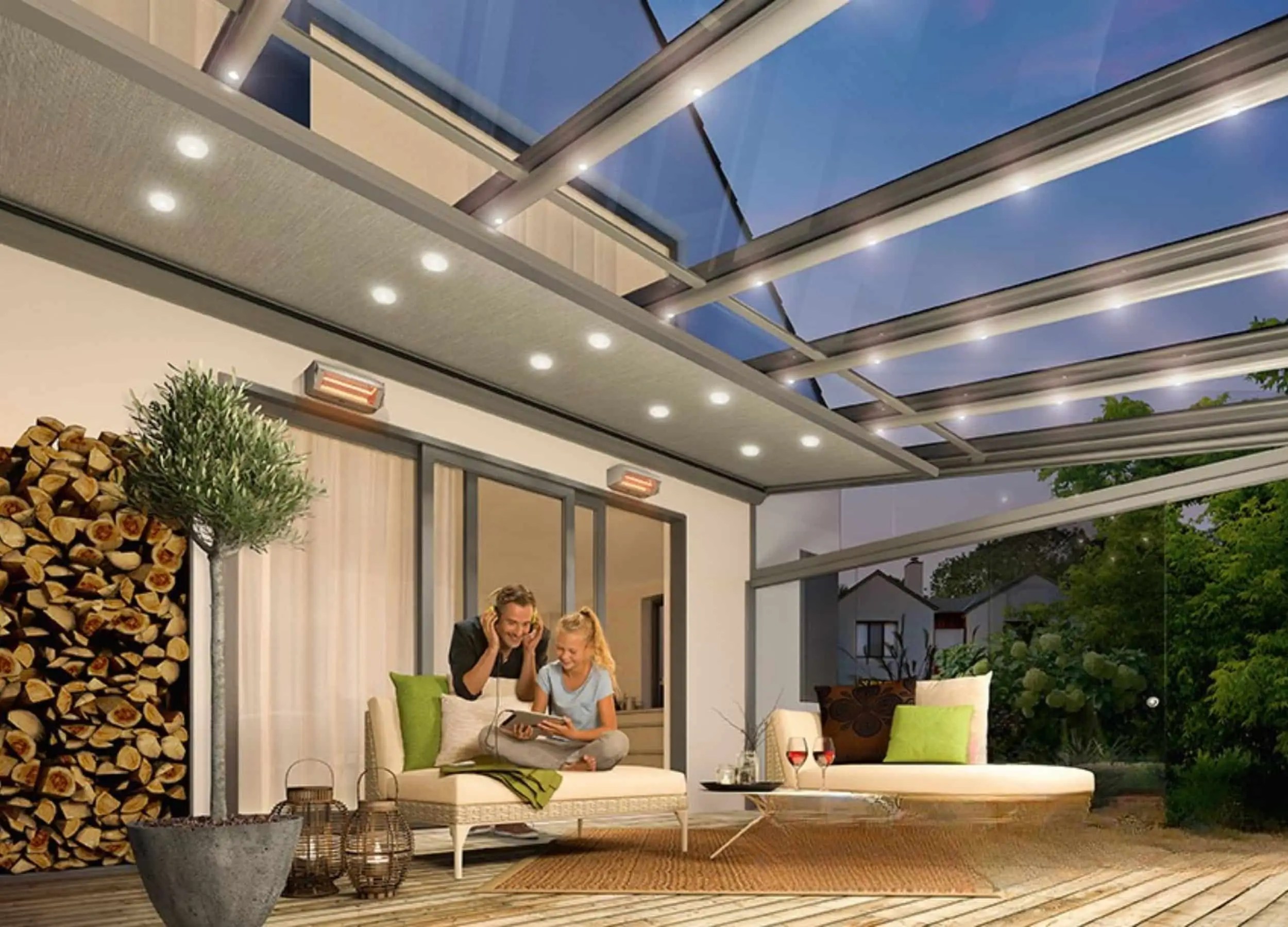 weinor sottezza ii under veranda awning with led lighting at night