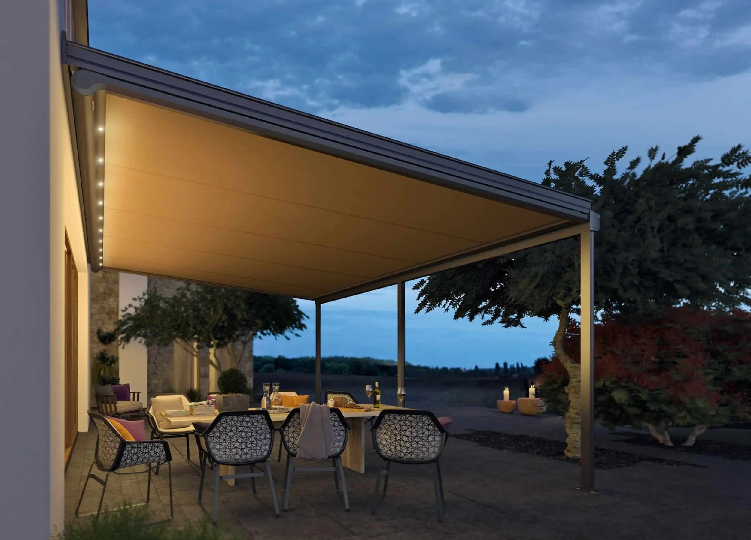 side view of weinor sottezza ii awning with integrated led lights under glass roof