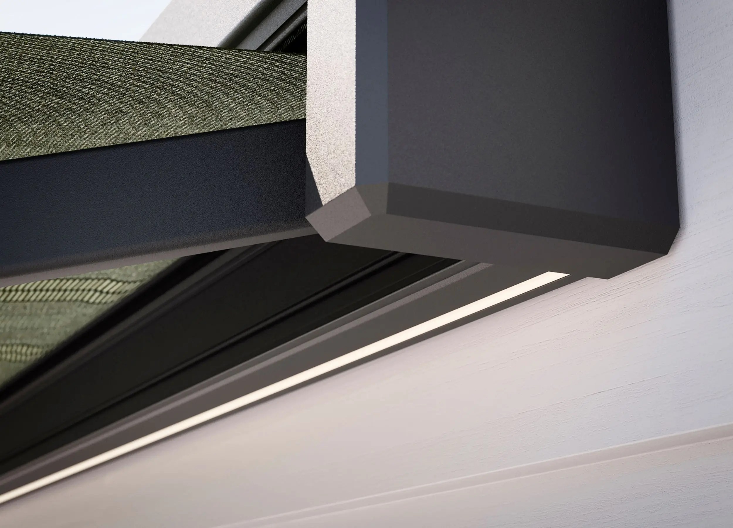 close up view of walden luxe awning casing and lighting strip